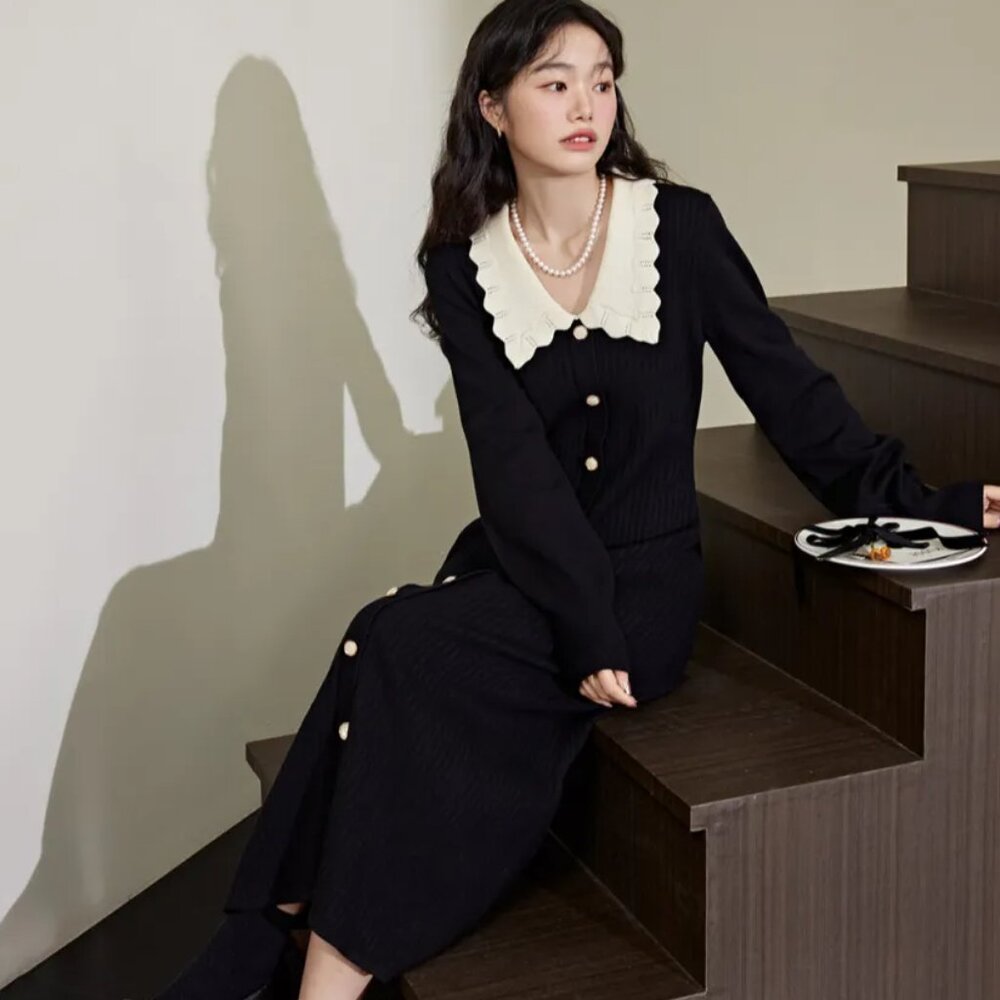 Kuose Premium Knit Lapel Black Dress